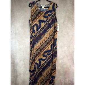 NWT VTG Teddi Sleeveless Maxi Dress 1X Plus Size Blue Brown Tribal Print Rayon